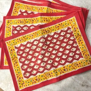 Pomegranate Block Print Cloth Napkins Set 6 Red Yellow Floral Cotton Vintage NWT